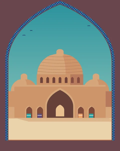 A brick domed market building with shop niches and a deep entrance arch, seen through a shaded archway lined with tiles.