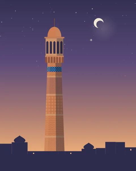 A tall brick minaret banded with patterned brickwork and a tiled ring, rising over a dark town at dusk under a crescent moon.