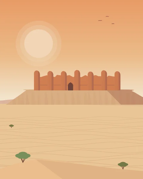 A ruined mud-brick fort with fluted round towers sits on a flat-topped hill above an empty desert, the sun low beside it.