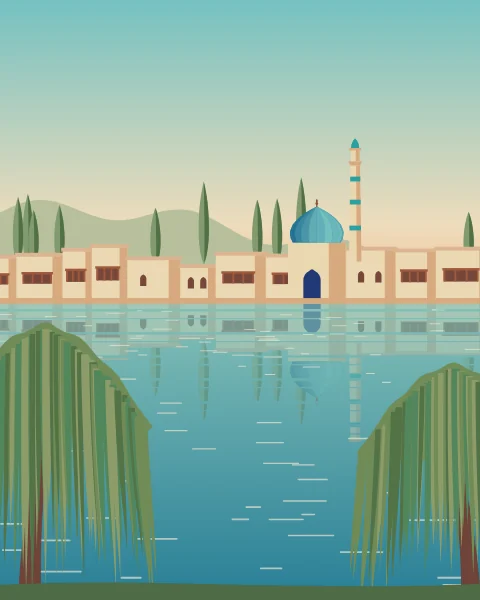 A town of flat-roofed houses with wooden balconies and a blue dome is reflected in a wide river, framed by two weeping willows.