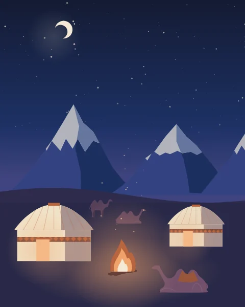 Felt yurts glow beside a small fire on a high plain, camels resting nearby, with moonlit snow peaks and a sky full of stars.