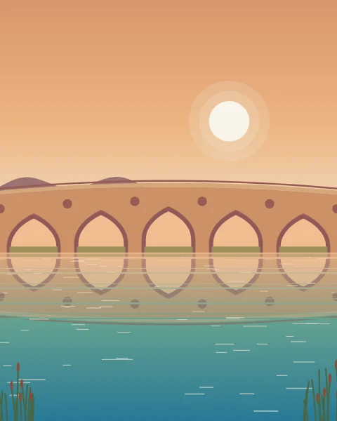 A long brick bridge of pointed arches crosses a calm river at sunrise, its arches completed into rings by their reflections.