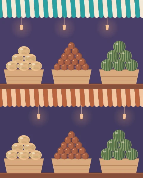 Stalls under striped awnings are stacked with melons, pomegranates and watermelons in baskets, lit by small hanging lamps.