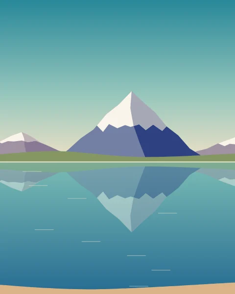 A single snow peak and its foothills are mirrored in a still mountain lake under a clear sky.
