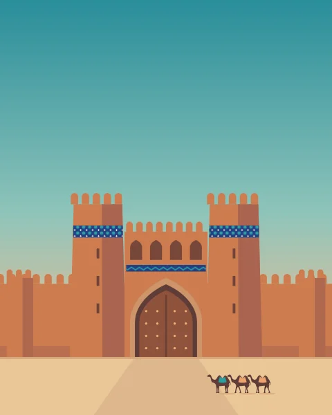 A walled city gate between two crenellated towers with bands of tiles, with a short line of camels arriving across the sand.
