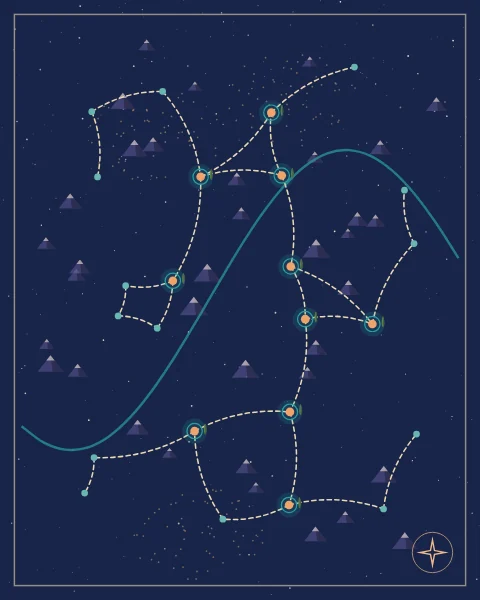 A minimal night-blue map of oases joined by dotted routes, with small mountains, a winding river and a star in the corner.