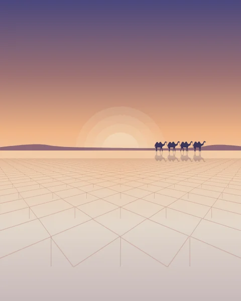 A pale salt flat cracked into a net of polygons stretches to the horizon at dawn, with a small caravan reflected on the edge.