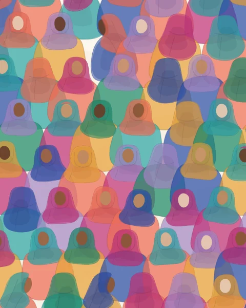 A close crowd of women in colourful headscarves seen face on, their faces left as plain ovals in many warm skin tones.