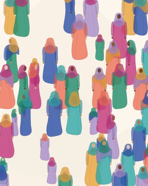 A courtyard packed with women in bright robes and headscarves, some facing out, some turned away, some walking across, row behind row.