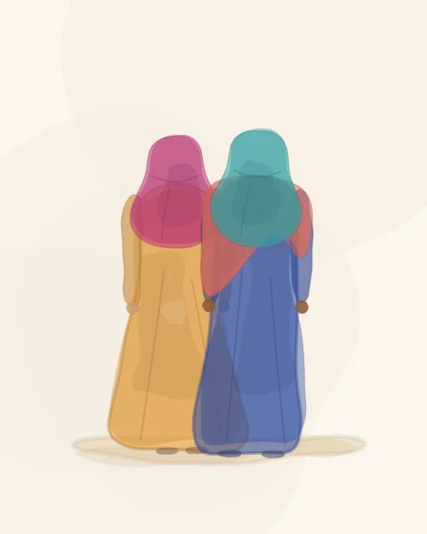 Two women walking side by side, seen from behind, one in magenta and saffron, the other in turquoise and cobalt with a coral shawl.