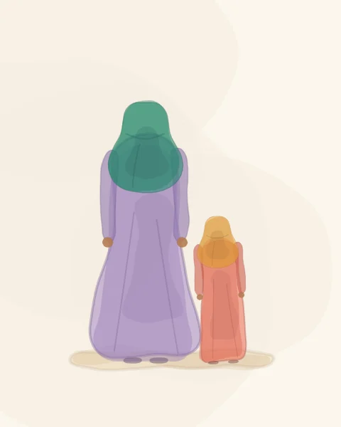 A mother in lilac and emerald walking beside her small daughter in coral and saffron, both seen from behind.