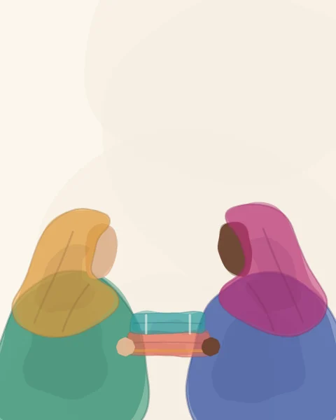 Two women in profile face each other, one in saffron and emerald, the other in magenta and cobalt, holding a pair of folded scarves between them.