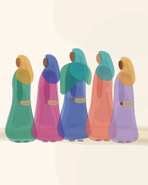 A line of women in profile walking to market, some carrying woven baskets, in bright robes and scarves.