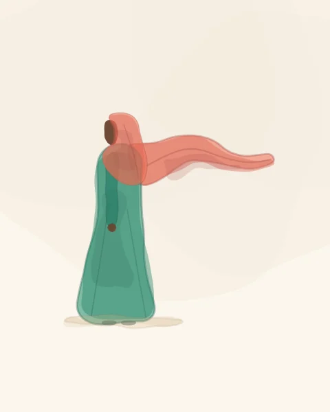 One woman in emerald stands on a wide pale ground while her long coral scarf lifts and ripples behind her in the wind.