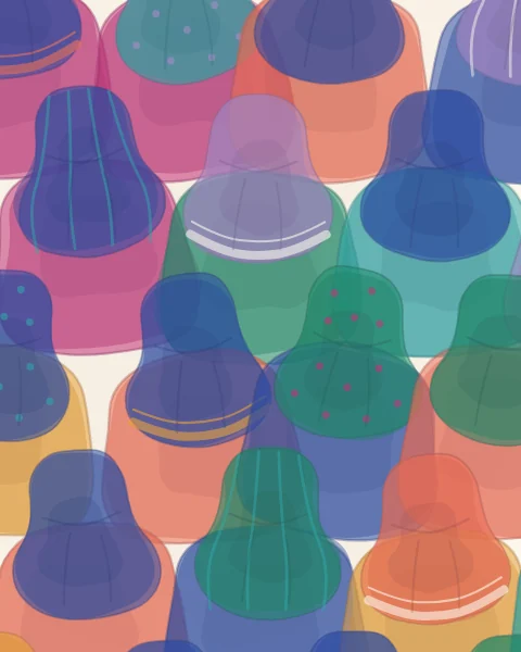 A close field of women seen from behind, their headscarves plain, striped, dotted and bordered in many colours.