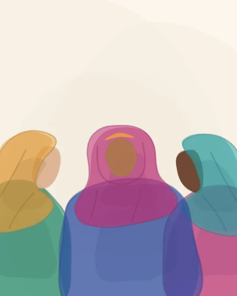 Three women close together, one facing out and two turned towards her in profile, as if sharing a joke.