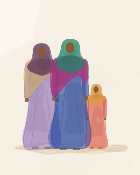 A grandmother, a mother and a young girl standing together and facing out, in plum, emerald, cobalt, coral and saffron.