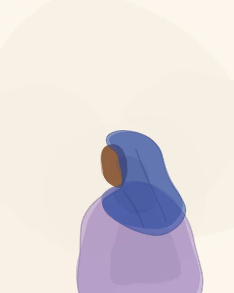 One woman in profile in a cobalt headscarf and lilac robe, set low on a wide warm ground.