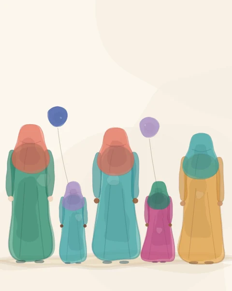 Mothers and daughters seen from behind in their brightest clothes, the girls holding balloons on long strings.