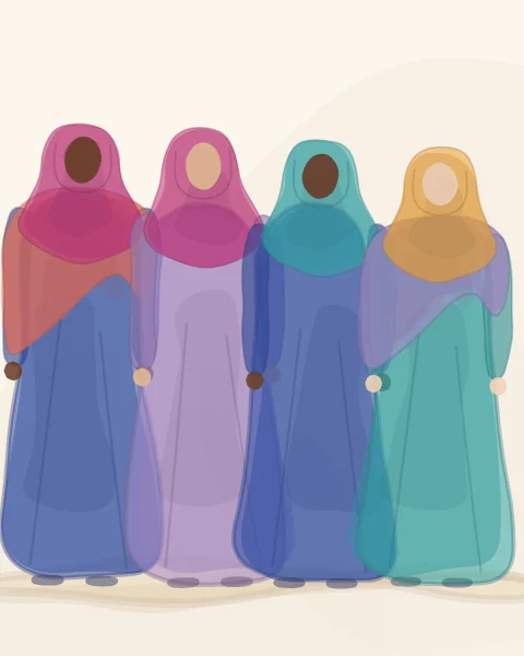 A row of women standing side by side and facing out, in cobalt, lilac, turquoise and magenta, some with shawls over their shoulders.
