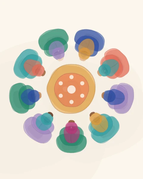 Seen from above, nine women sit in a circle round a saffron and coral cloth spread on the ground, their headscarves in every colour of the collection; the longer shapes show two circles.