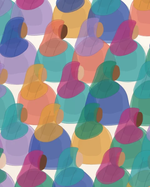 A dense, staggered field of women in profile, all walking the same way in bright headscarves and robes.