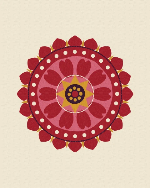 A single giant crimson rosette on ivory cotton, ringed with pointed petals, a band of ivory dots and a saffron star at its heart.
