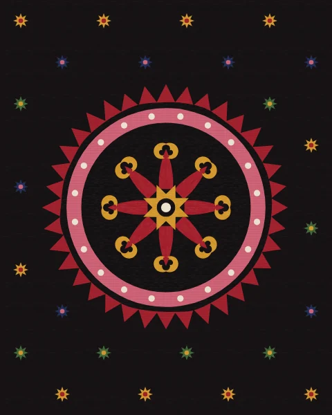 A crimson sawtooth medallion on a black ground, with eight crimson arms ending in saffron ram's horns around a saffron star, and small stars scattered around it.