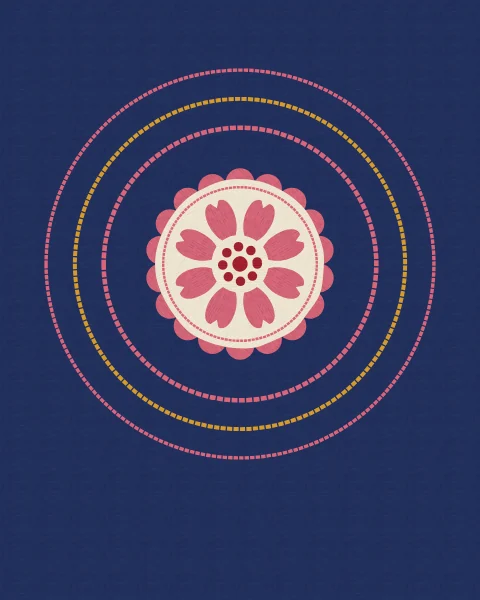 A pale moon rosette in ivory and rose on deep indigo, circled by three fine rings of chain stitch.