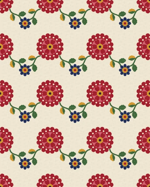 A repeating lattice of crimson rosettes and small indigo flowers, linked on the diagonal by green stems with serrated leaves.