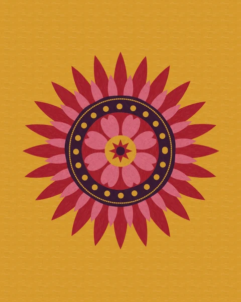 A crimson medallion with two rings of long radiating petals around an aubergine band of saffron dots, set on a saffron ground.