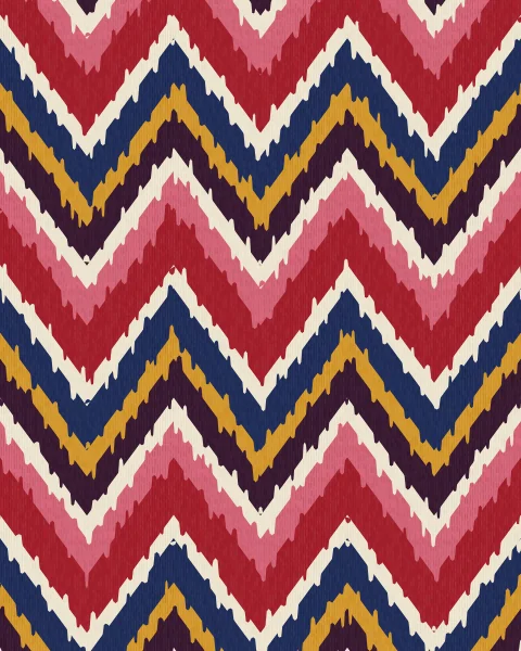 Broad zigzag bands of crimson, indigo, saffron, aubergine and rose, their edges feathered where the colours bleed into each other.