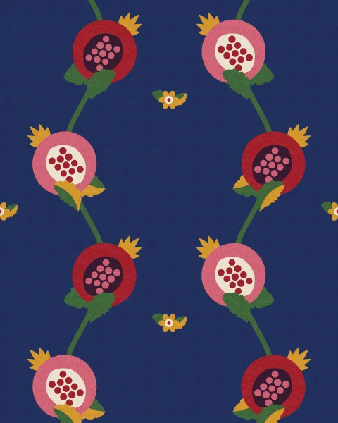 Crimson and rose pomegranates with saffron crowns hang from waving green vines on an indigo ground.