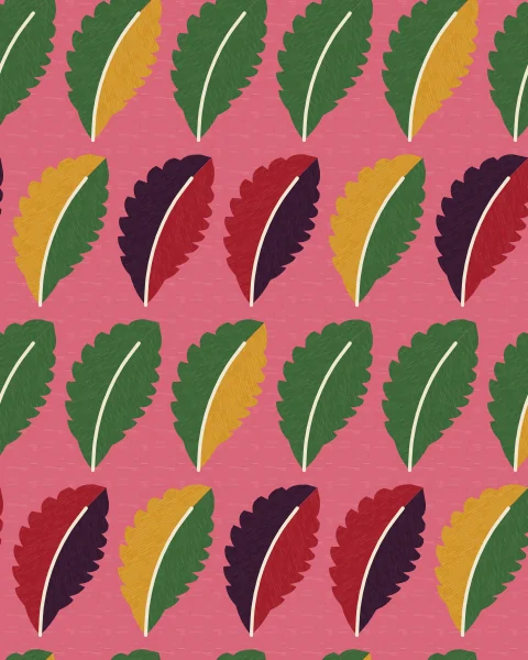 Rows of large serrated leaves, each split down its rib into two colours, in green, saffron, crimson and aubergine on rose.