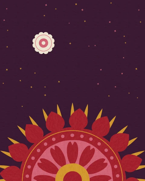 A great crimson rosette rises from the lower edge into an aubergine night, with a small ivory moon and scattered saffron stars above.
