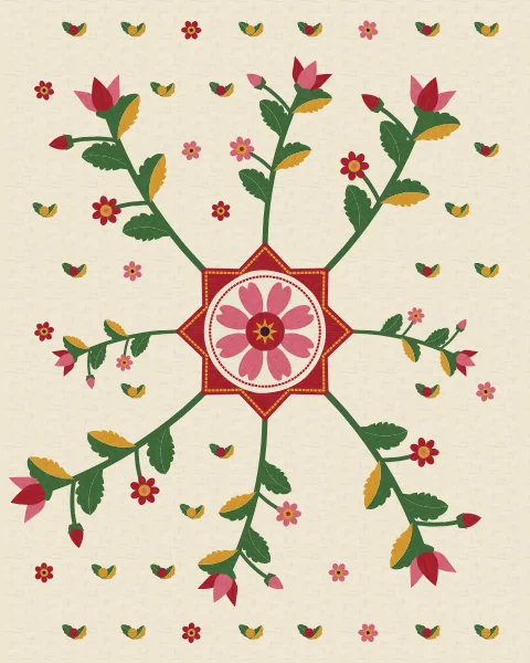 A crimson eight-pointed star at the centre of ivory cotton, with flowering sprays of tulips, buds and serrated leaves reaching out to every side.
