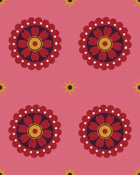 Oversized crimson rosettes with ivory dot rings and saffron centres, repeated on a rose ground with small saffron stars between.
