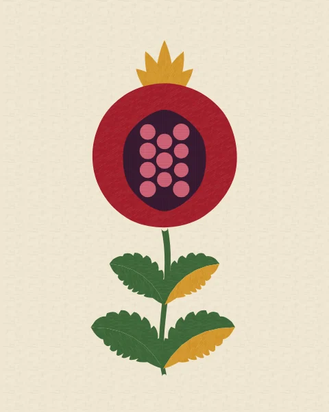 A single crimson pomegranate split to show its rose seeds, crowned in saffron and held on a short stem with serrated leaves.