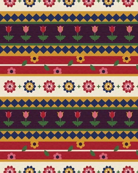 Stacked embroidered borders: a scrolling vine on crimson, a row of rosettes on ivory, sawtooth bands in indigo and saffron, and tulips on aubergine.