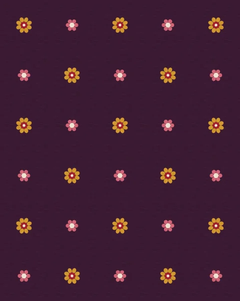 Small saffron and rose flowers spaced evenly across a deep aubergine ground.
