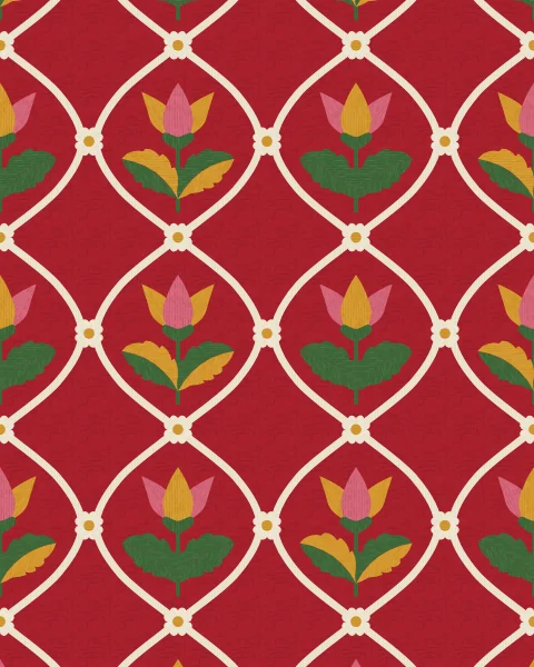An ivory lattice of curving lines on crimson, each compartment holding a saffron or rose tulip on serrated leaves, with small flowers at the joins.