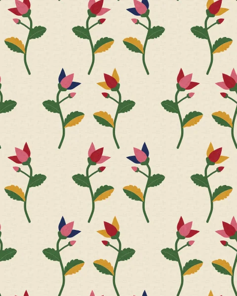 Flowering sprays of tulips, buds and two-coloured leaves scattered in a half-drop repeat across ivory cotton.