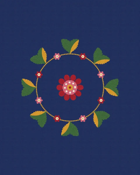 A ring of serrated green and saffron leaves with small flowers, around a crimson rosette on an indigo ground.