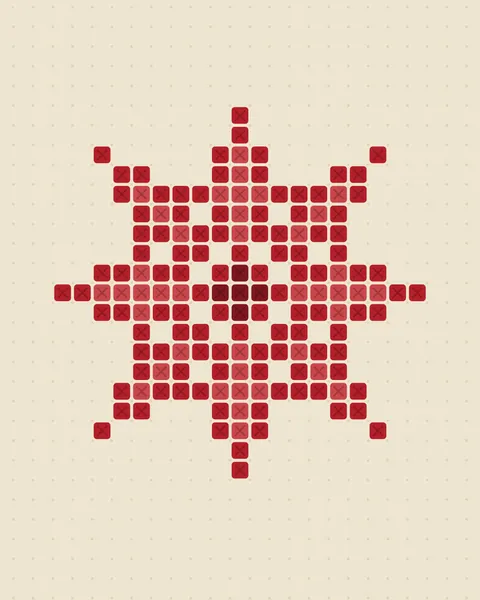 A single eight-point star in madder red on undyed linen cream. Every stitch is enlarged into a bold square tile with its cross cut into it, and the counted holes of the linen show between.