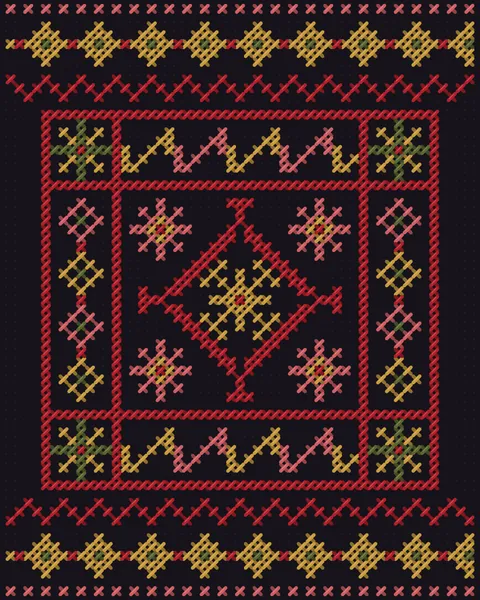 A full chest panel on a dark dress ground. A double frame with star-filled corners holds bands of hooked zigzags and chains of small diamonds around a diamond medallion with a star at its heart, with borders of gold diamonds above and below.