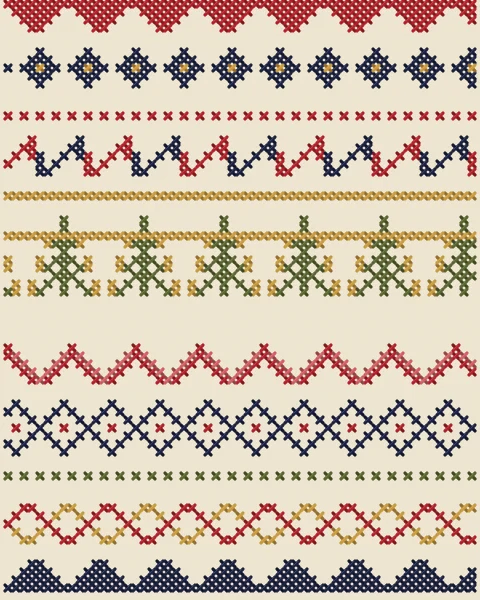 Border bands stacked edge to edge on linen cream: stepped teeth, running stars, S-hooks, cypress rows, zigzags, chains of diamonds and chevrons. Single lines of stitch rule each band off from the next.