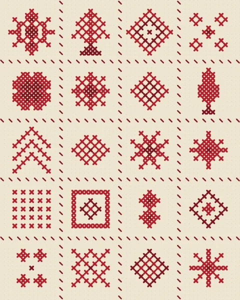 Twenty motifs in madder and dark madder on undyed linen with its counted holes, ruled into a grid by a running stitch. Stars, cypresses, diamonds, chevrons and small all-over fillings each get their own square.
