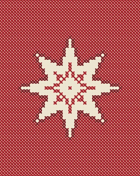 The whole sheet is worked in madder cross-stitch except one large eight-point star, left as bare linen and traced by a single darker row of stitch. A small star worked in outline marks its centre.