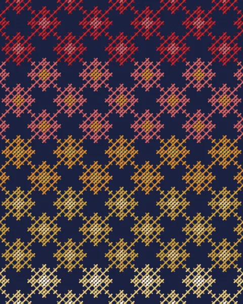 One small star repeated across an indigo field, its thread shifting from madder to rose, saffron, gold and pale gold as it descends. The change happens motif by motif, never blended.