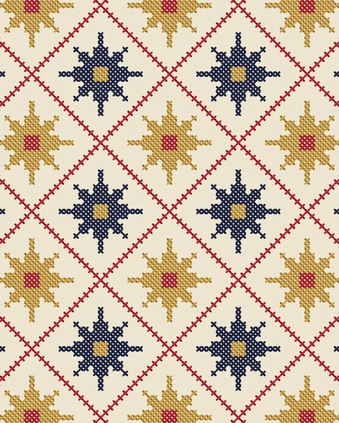 Single lines of madder stitch run diagonally across linen to form a lattice of diamonds, each holding an eight-point star in indigo or gold with a small square heart.